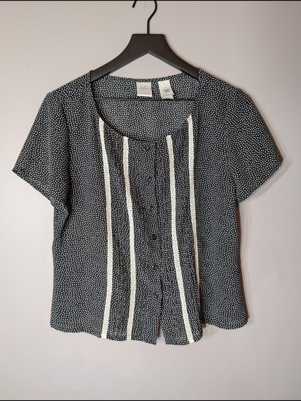Emma James Vintage Black Dot Button-Front Top with Cream Trim